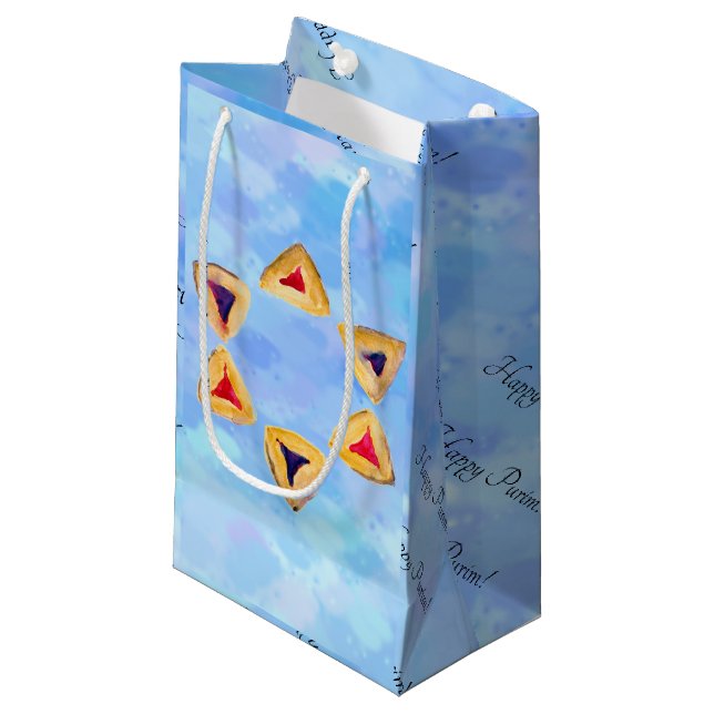 Whimsical Hamantaschen Happy Purim Gift Bag Kleine Geschenktüte (Vorderseite Schrägansicht)