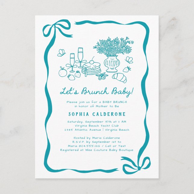 Whimsical Hand Drawing Baby Dusche Brunch Postkarte (Vorderseite)