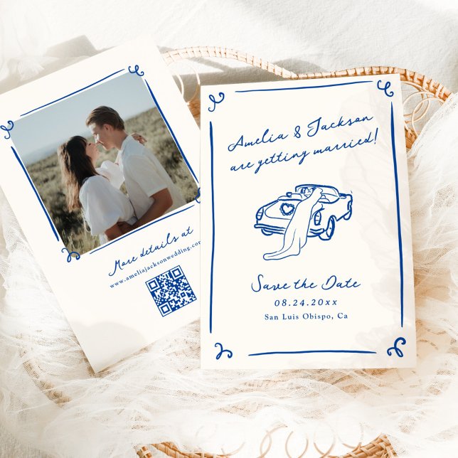 Whimsical Hand Drawing Blue Save the Date QR Code Einladung (Von Creator hochgeladen)