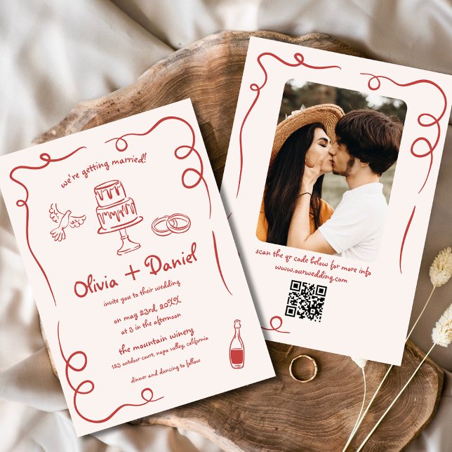 Whimsical Hand Drawing Foto QR Code Red Wedding Einladung (Von Creator hochgeladen)