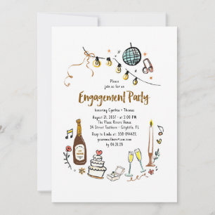Whimsical Hand Drawing Funky Engagement Party Einladung
