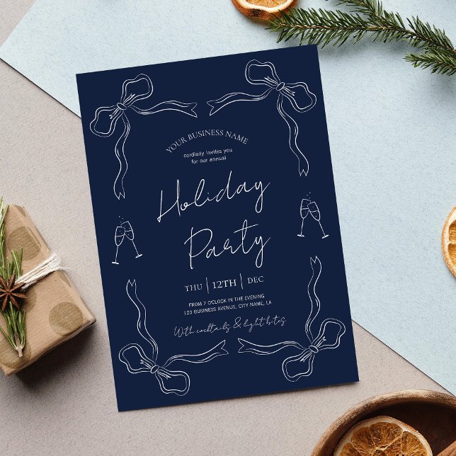 Whimsical Hand Drawing Navy Business Holiday Party Einladung (Navy blue and white hand drawn business holiday invitation design, perfect for any festive event)
