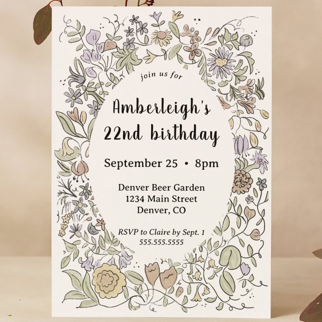 Whimsical Hand Drawing Wasserfarbe Blumengebirge P Einladung (whimsical hand drawn watercolor floral doodle frame birthday party invitation garden party tea party)
