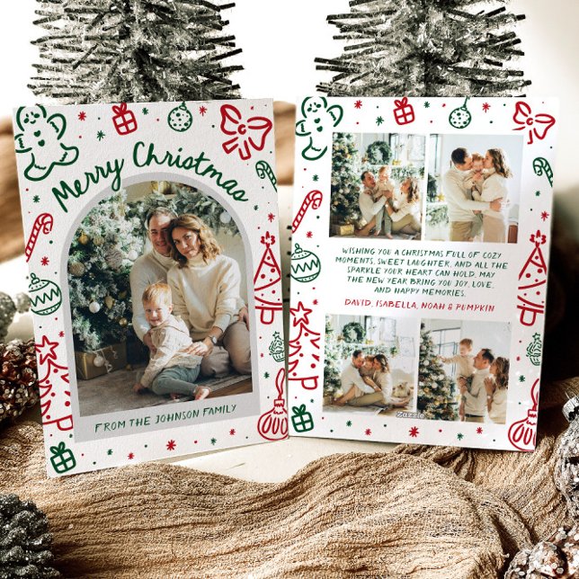 Whimsical Hand Drawn Arch Foto Frohe Weihnachten (Whimsical Hand Drawn Arch Photo Merry Christmas Holiday Card)