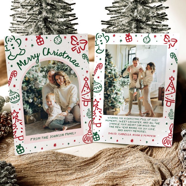 Whimsical Hand Drawn Arch Foto Frohe Weihnachten (Whimsical Hand Drawn Arch Photo Merry Christmas Holiday Card)