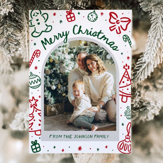 Whimsical Hand Drawn Arch Foto Frohe Weihnachten (Whimsical Hand Drawn Arch Photo Merry Christmas Holiday Card)