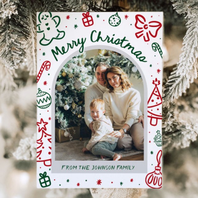 Whimsical Hand Drawn Arch Foto Frohe Weihnachten (Whimsical Hand Drawn Arch Photo Merry Christmas Holiday Card)