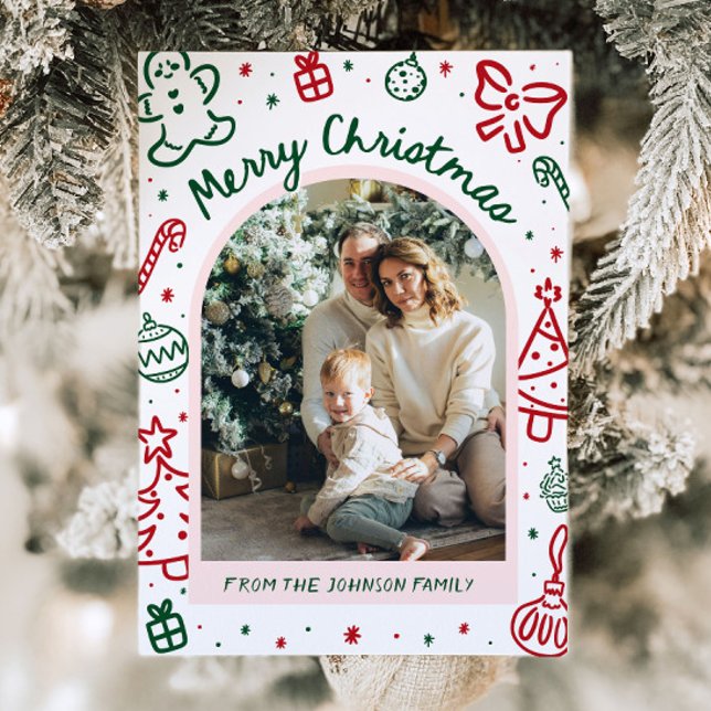 Whimsical Hand Drawn Arch Foto Frohe Weihnachten (Whimsical Hand Drawn Arch Photo Merry Christmas Holiday Card)