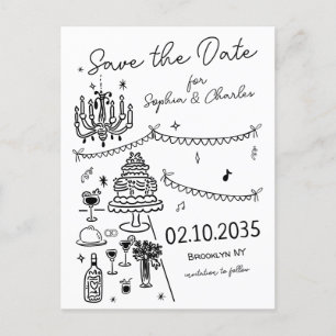 Whimsical Hand Drawn Black Illustration Hochzeit Postkarte