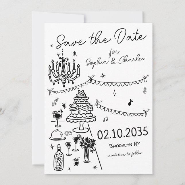 Whimsical Hand Drawn Black Illustration Hochzeit Save The Date (Vorderseite)