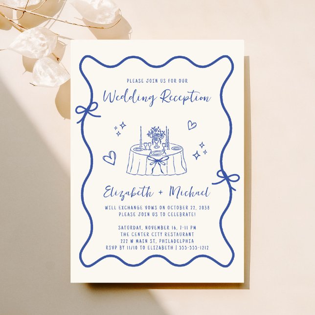 Whimsical Hand Drawn Blue Cream Hochzeitsempfang Einladung (Fun reception invitation featuring a whimsical hand drawn wedding table with hearts + coquette bows)
