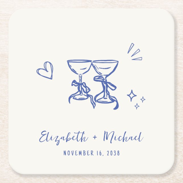 Whimsical Hand Drawn Blue Cream Wedding Rechteckiger Pappuntersetzer (Vorderseite)