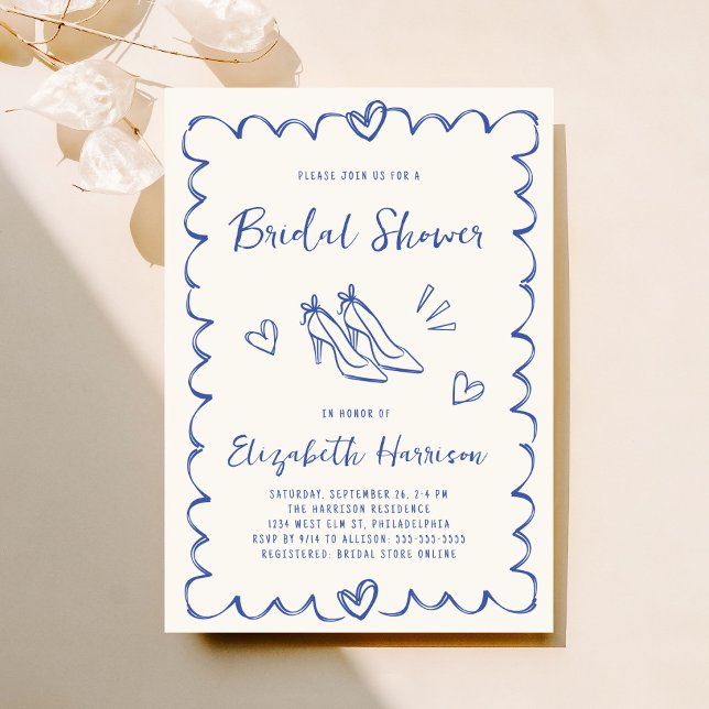 Whimsical Hand Drawn Blue Creme Brautparty Einladung (Whimsical hand drawn bridal shower invitation to set the tone for an unforgettable event)