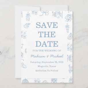 Whimsical Hand Drawn Blue Illustriert Wedding Save The Date