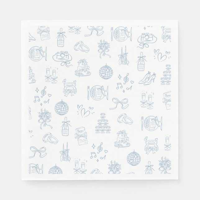 Whimsical Hand Drawn Blue Illustriert Wedding Serviette (Vorderseite)