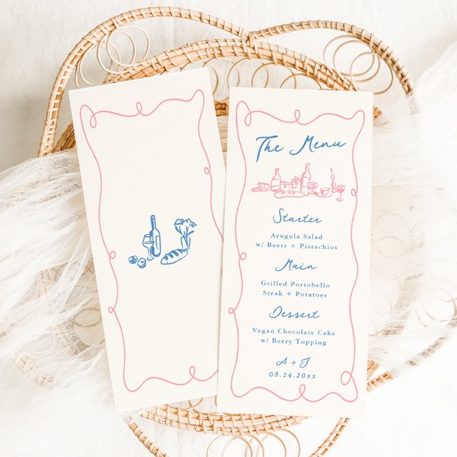 Whimsical Hand Drawn Blue & Pink Wedding Menükarte (Von Creator hochgeladen)