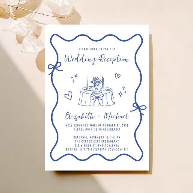 Whimsical Hand Drawn Blue Wedding Empfang Einladung (Fun reception invitation featuring a whimsical hand drawn wedding table with hearts + coquette bows)