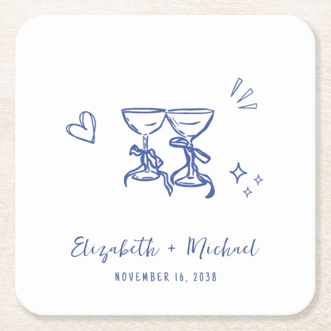 Whimsical Hand Drawn Blue Wine Glasses Wedding Rechteckiger Pappuntersetzer (Vorderseite)