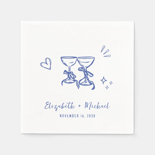 Whimsical Hand Drawn Blue Wine Glasses Wedding Serviette (Vorderseite)