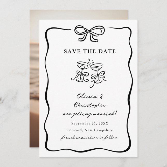 Whimsical Hand Drawn Bow Frame Save the Date Einladung (Vorne/Hinten)