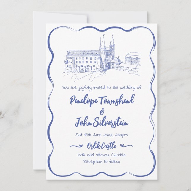 Whimsical Hand Drawn Castle Illustration Hochzeit Einladung (Vorderseite)