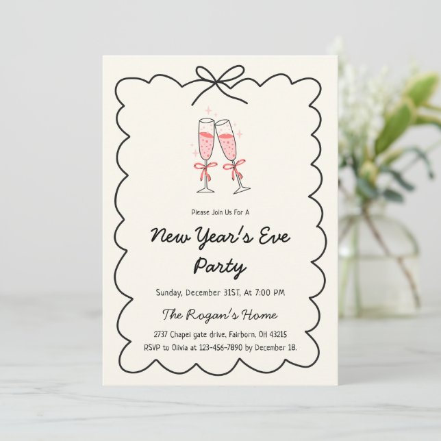 Whimsical Hand Drawn Champagne New Year Eve Party Einladung (Stehend Vorderseite)