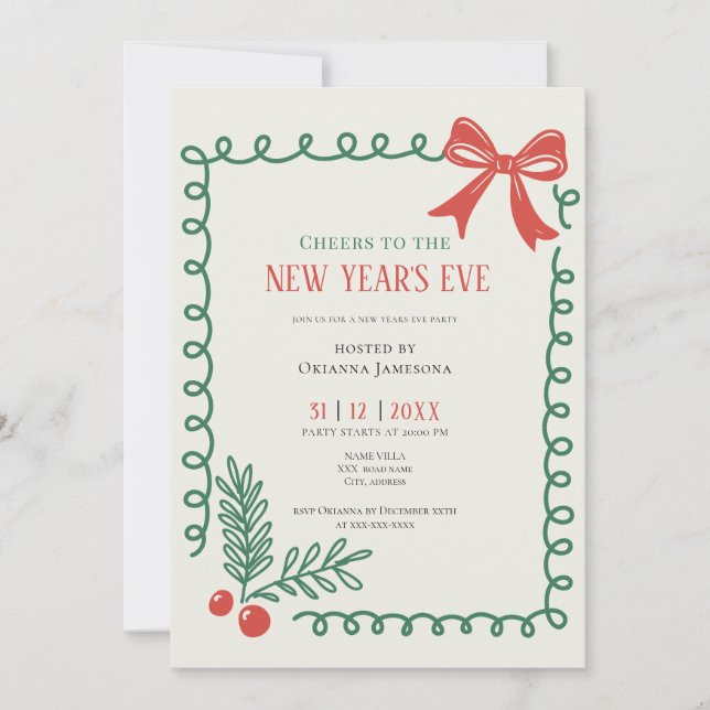 Whimsical Hand Drawn Champagne New Years Eve Party Einladung (Vorderseite)