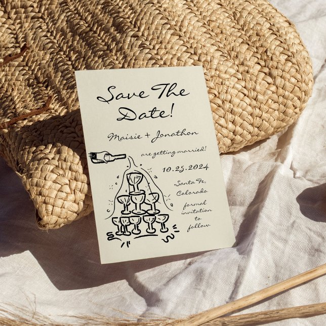 Whimsical Hand Drawn Champagner Tower Save the Dat Einladung (Von Creator hochgeladen)