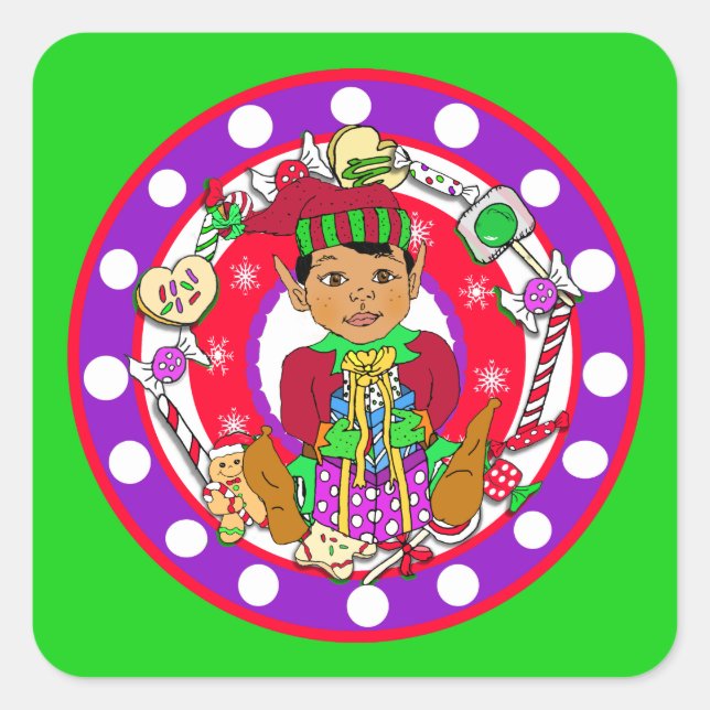 Whimsical Hand Drawn Christmas Elf Quadratischer Aufkleber (Vorderseite)