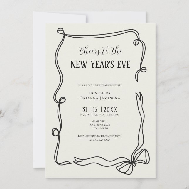 Whimsical Hand Drawn Coquette New Years Eve Party Einladung (Vorderseite)