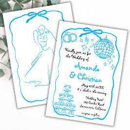 Whimsical Hand Drawn Doodle Blue Bow Wedding Einladung