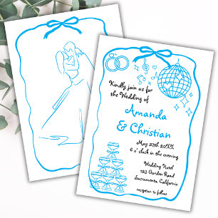 Whimsical Hand Drawn Doodle Blue Bow Wedding Einladung