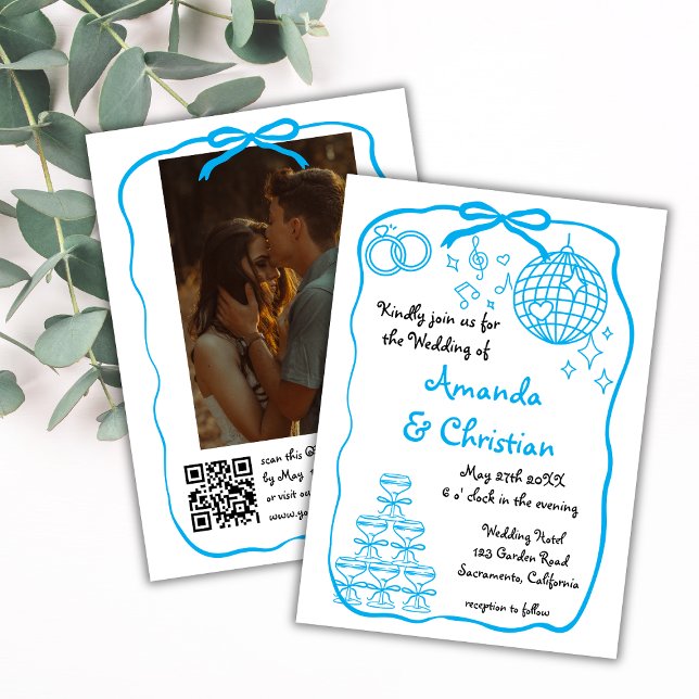 Whimsical Hand Drawn Doodle Blue Foto Hochzeit Einladung (Von Creator hochgeladen)