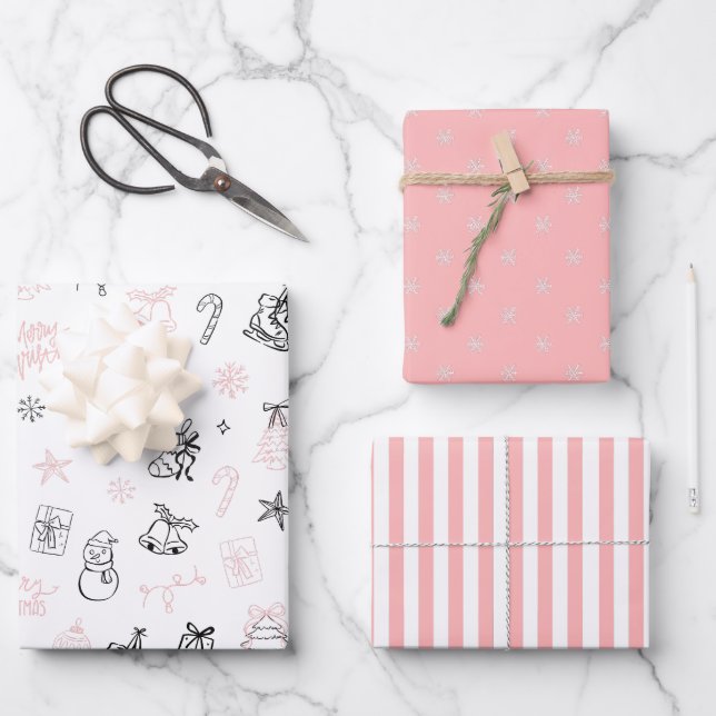 Whimsical Hand Drawn Doodle Christmas Pink Black Geschenkpapier Set (Vorderseite)