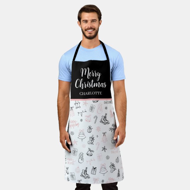 Whimsical Hand Drawn Doodle Christmas Pink Black Schürze (Getragen)