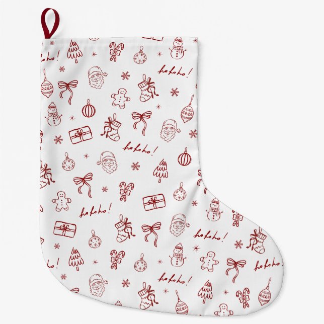 Whimsical Hand Drawn Doodle Red Großer Weihnachtsstrumpf (Vorderseite)