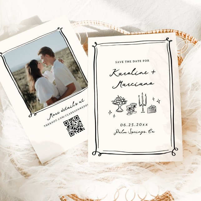 Whimsical Hand Drawn Doodles Save the Date QR-Code Einladung (Von Creator hochgeladen)