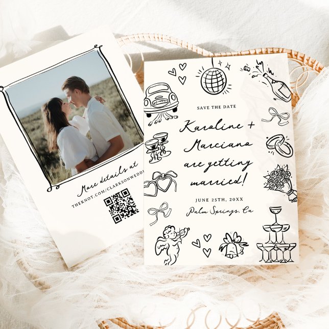 Whimsical Hand Drawn Doodles Save the Date QR-Code Einladung (Von Creator hochgeladen)