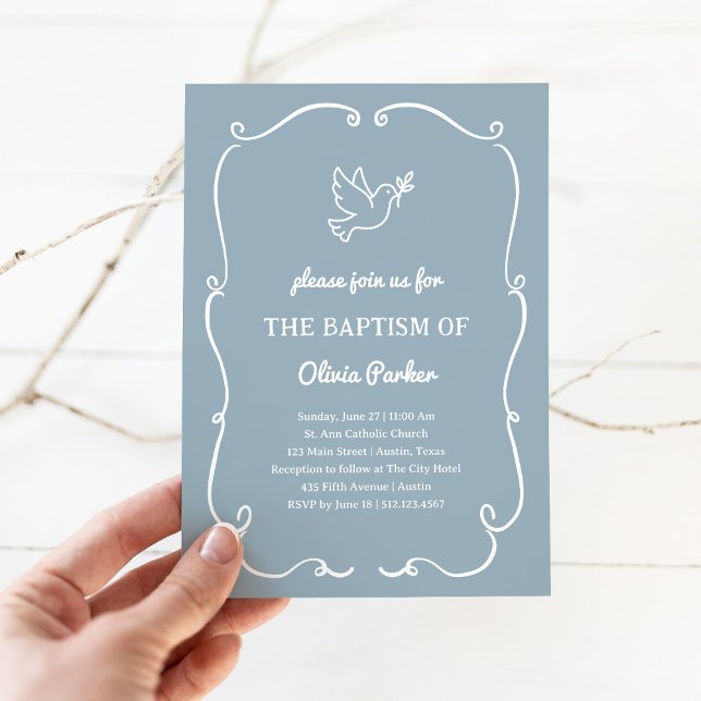 Whimsical Hand-Drawn Dove Blue | Baptism Einladung (Von Creator hochgeladen)