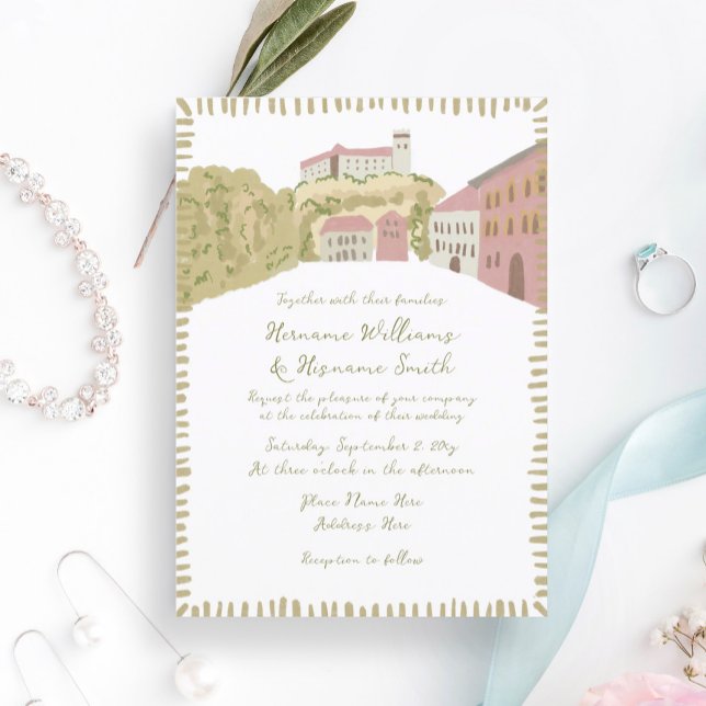 Whimsical Hand Drawn Europe Hill Burg Hochzeit Einladung (Von Creator hochgeladen)