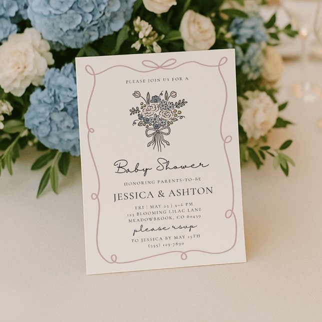 Whimsical hand-drawn flowers and frame baby shower einladung (Von Creator hochgeladen)