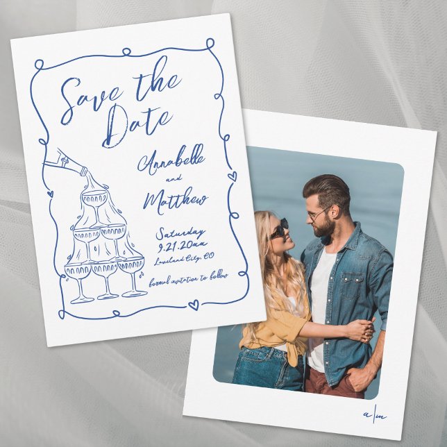Whimsical Hand Drawn Foto Blue Wedding Save The Date (Whimsical Hand Drawn Photo Blue Wedding Save the Date)