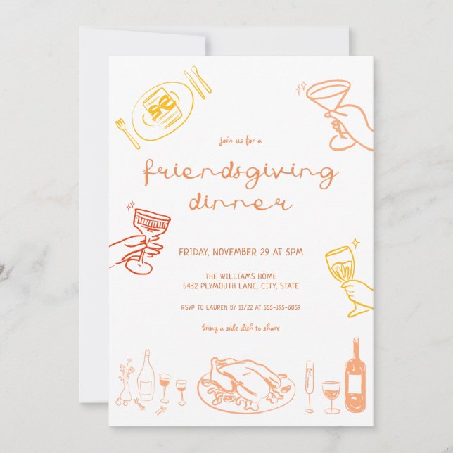 Whimsical Hand Drawn Friendsgiving Dinner einladen Einladung (Vorderseite)