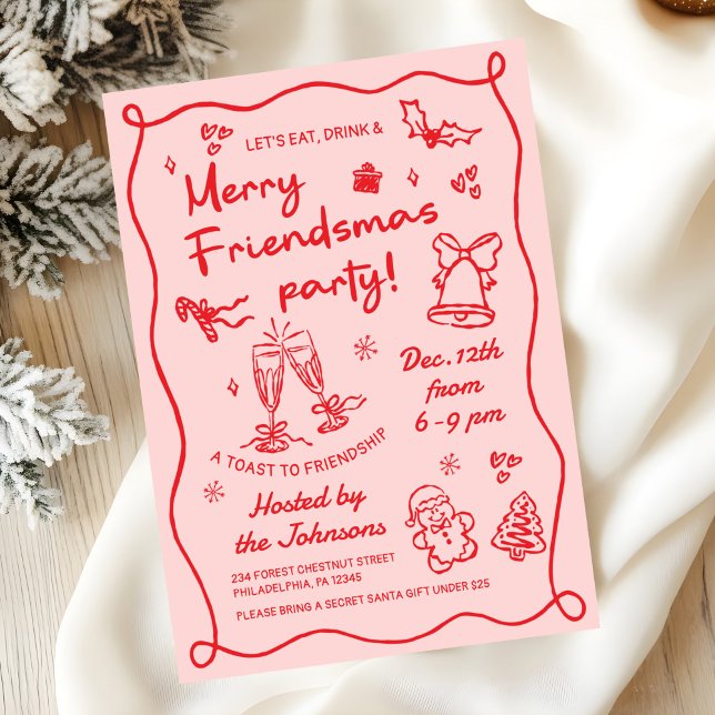 Whimsical Hand Drawn Friendsmas Christmas Party Einladung (Von Creator hochgeladen)