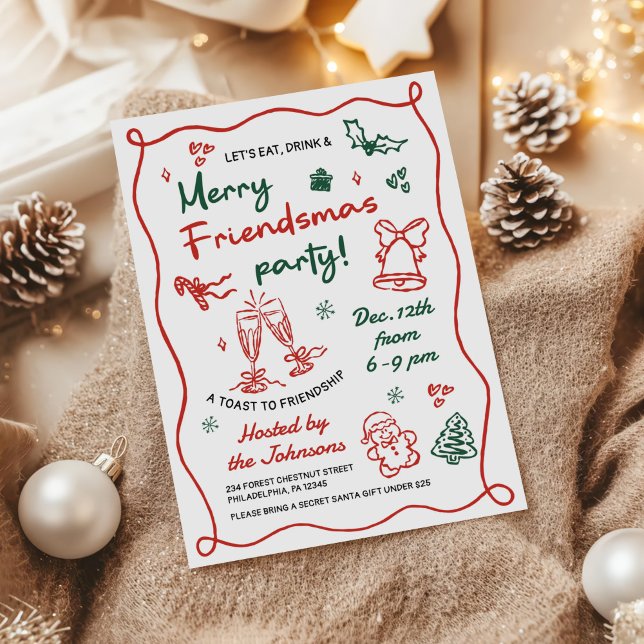 Whimsical Hand Drawn Friendsmas Christmas Party Einladung (Von Creator hochgeladen)