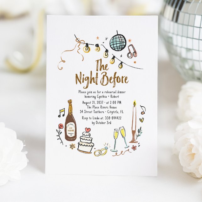 Whimsical Hand Drawn Funky Probe Dinner Einladung (The Night Before Whimsical French Line Art Doodles Rehearsal Dinner Invitations)