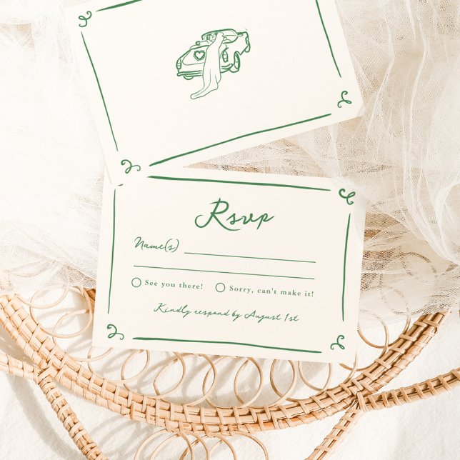 Whimsical Hand Drawn Green Wedding RSVP Einladung (Von Creator hochgeladen)
