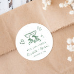 Whimsical Hand Drawn Green Wedding Thank You Runder Aufkleber<br><div class="desc">Romantic wedding stickers for your party favors and thank you cards featuring whimsical hand-drawn green illustrations of a heart,  stars and wine glasses,  and "with love   thanks" and the names of the bride and groom in playful green script and lettering.</div>
