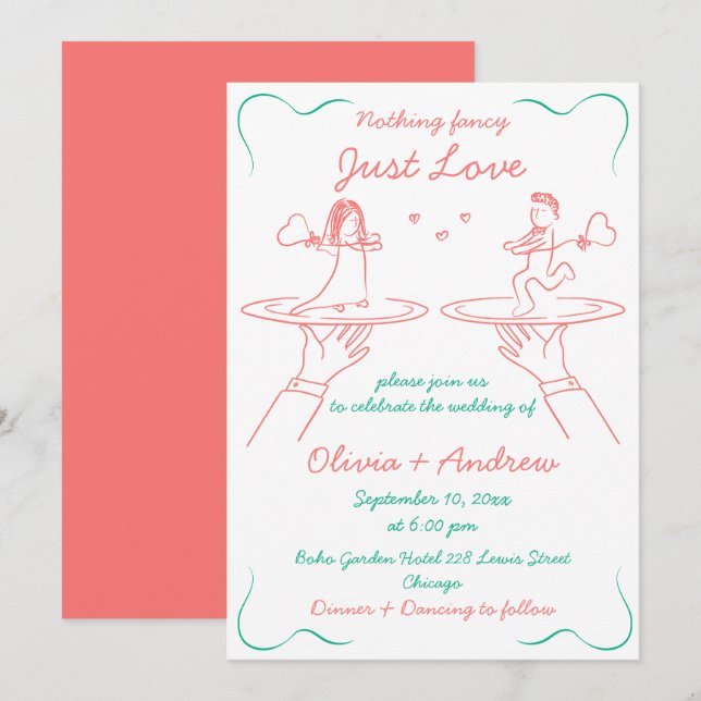 Whimsical Hand Drawn handgeschriebene Quirky Weddi Einladung (Vorne/Hinten)