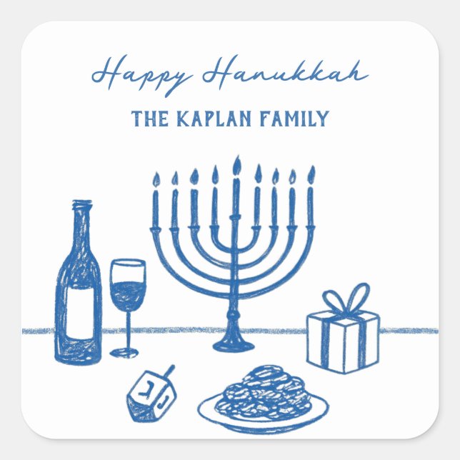 Whimsical Hand Drawn Hanukkah Party Trendy Custom Quadratischer Aufkleber (Vorderseite)